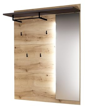 FARGO Garderobenpaneel mit Spiegel, Kleiderstange & LED-Beleuchtung | 120 x 149 x 30 cm (B/H/T), modern mit 4 Garderobenhaken, Ablageboden und Spiegel für den Eingangsbereich