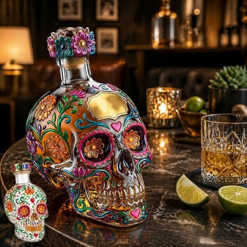 Bottiglia di tequila del giorno dei morti, decanter teschio da 350 ml, bottiglia di tequila vintage del giorno dei morti per la casa, decorazioni per bar, festa di Halloween (1pcs)