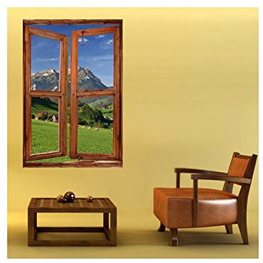 Stickers trompe l'oeil fenêtre La montagne - L 50cm x H 75cm