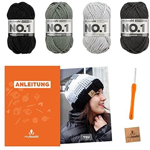 myboshi Häkelset Bommelmütze Tsu, inkl. No.1 Wolle, Nadel und Anleitung, für Mützen und Schals, Häkelpaket, 30% Merinowolle Grau mit Häkelnädel