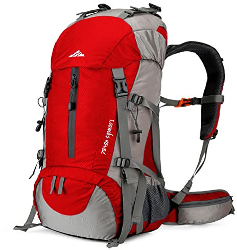 Loowoko Wanderrucksack 50L mit Regenschutz, Camping Rucksack Trekking Tasche für Outdoor, Männer & Frauen (Rot)