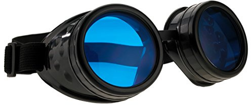 4sold Steampunk Blue Lenses Black Cyber Goggles Rave Goth Vintage Victorian Sunglasses Welding Cosplay Vintage Rustic Hippy Party Fancy Dress with set sticker, glasses and box (Black, Adult)