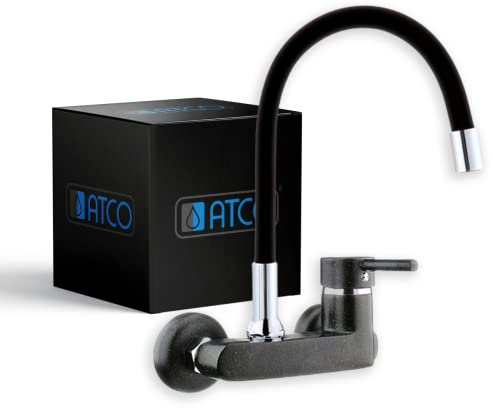 ATCO® Wandarmatur Granit-schwarz Spültischarmatur flexibler Auslauf Küchenarmatur Wasserhahn Waschtischarmatur Armatur Wandmontage Küche Spüle Ausgussbecken Garten Gastronomie EHM Einhebel
