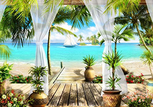 wandmotiv24 Fototapete Strandblick Meer Segelschiffe, XXL 400 x 280 cm - 8 Teile, Wanddeko, Wandbild, Wandtapete, Sand, Meerblick, Entspannung M1098