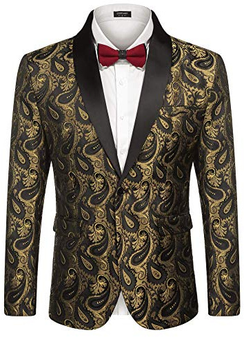 COOFANDY Herren-Smokingjacke mit Blumenmuster, Paisleymuster, Schal, Revers, Anzug, Blazer, Jacke für Abendessen, Abschlussball, Hochzeit, Goldfarben, XX-Large