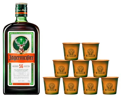 Jägermeister exklusives Geschenkset | mit GRATIS 9 Alu Shot Cups und 0,7l Kräuterlikör 35% Vol. | 56 erlesene Kräuter | Im Eichenfass gelagert | Das Original aus Wolfenbüttel