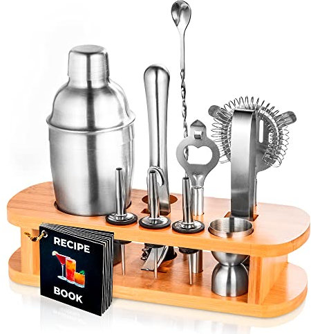 Ensemble de shaker à cocktail de 550 ml avec support en bambou - Kit de 12 pièces pour cocktails avec accessoires - Coffret cadeau cocktail - Cresimo