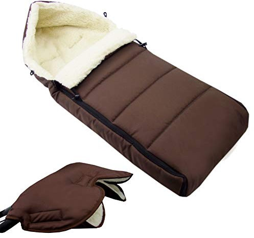 BAMBINIWELT KOMBI-ANGEBOT Muff + Winterfußsack 108cm - aus Lammwolle für Kinderwagen, Buggy, Radanhänger - WOLLE - LINIERT (braun)