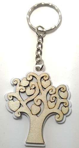 12 PZ Portachiavi con albero della vita Cuori in legno 5x4 cm Lungh. totale 10,4 cm BOMBONIERA