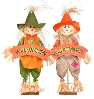 HEITMANN DECO Vogelscheuche mit Willkomennsschild - 2er Set - Deko-Aufsteller - Natur - zum Hinstellen - orange, grün, 23 x 7 x 40 cm
