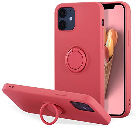 UEEBAI Case for iPhone 12 mini 5.4 inch, Ultra Slim Liquid Silicone Phone Case with 360 Rotatable Ring Holder Kickstand with Magnetic Car Mount Gel Rubber TPU Bumper Shockproof Cover - Peach