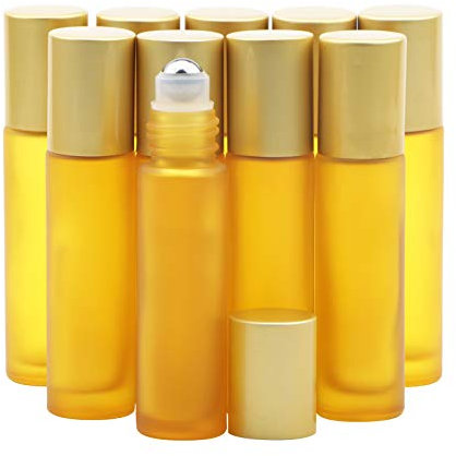 Rowiz 10PCS 10ml Yellow Frosted Glass Bottle Leakproof Glass Bottle Essential Oil Roller Bottles Set With Stainless Steel Balls And Anodized Aluminum Screwcap For Perfume & Aromatherapy Oils