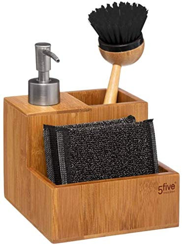 TIENDA EURASIA® Dosificador Estropajero de Bambú - Dispensador de Jabón + Cepillo + 2 Estropajos - 13,50 x 12 x 20 cm