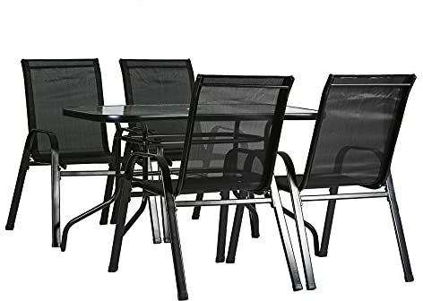 Harbour Housewares 4 Seater Meubles de Jardin en métal Set - Verre Top Outdoor Bistro Café Patio Table et chaises - 120cm x 70cm - Noir