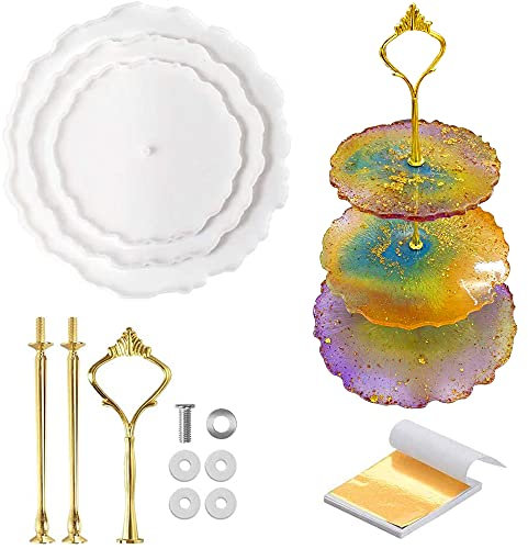 Resin Silicone Mold Wenida 3 Tier Cake Dessert Serving Stand Mold Set Epoxy Casting with Hardware Fittings for DIY Art Craft Home Decoration with 20 Gold Foil Sheets