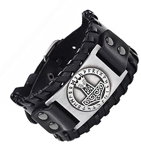 Nordic Runes Viking Thors Hammer Lederarmband,Herren Damen Leder Geflochtenes Verstellbares Breites Armband,Odin Mjolnir Totem Armreif Pagan Amulett Schmuck (Color : Silver)