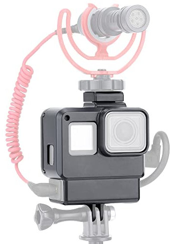 Andoer Vlog - Custodia per action cam Vlogging con attacco freddo per GoPro Hero 7 6 5 nero per microfono esterno e adattatore microfono Pro da 3,5 mm