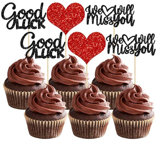 Gyufise 36Pcs We Will Miss You Cupcake Toppers Glitter Red Love Heart Good Luck Cupcake Picks for Retirement Theme Going Away Party Cake Decorations