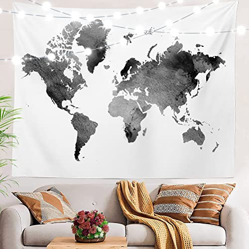 BaoNews Grau und Schwarz Weltkarte Tapisserie, Geographie Schwarz und Weiß Karte Große Wandbehang Polyester Tischdecken Wandteppich Schlafzimmer Wohnzimmer Wohnheim 150 x 210 cm