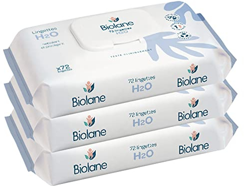 BIOLANE - Lingettes nettoyantes H2O à l'eau - Bébé - Lot de 3x72 (216 Lingettes) - Peaux sensibles - Nettoie et protège - Corps et siège - Sans rinçage - Dès la naissance - Fabriqué en France
