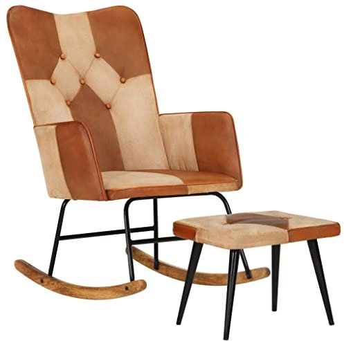 vidaXL Schaukelstuhl mit Hocker Schwingsessel Schwingstuhl Relaxsessel Schaukelsessel Sessel Relaxstuhl Polstersessel Braun Echtleder Canvas