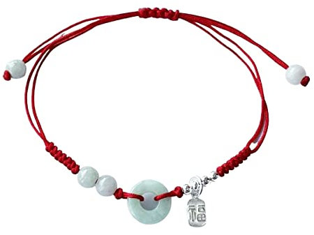 Sudemota Armband Natürlicher echter A-Grad-Jadeit-Jade-Donut mit 925-Sterlingsilber-Vermögens-Anhänger, rotem Schnur-Armband, Neujahrsgeschenk, Geburtstagsgeschenk, verstellbar