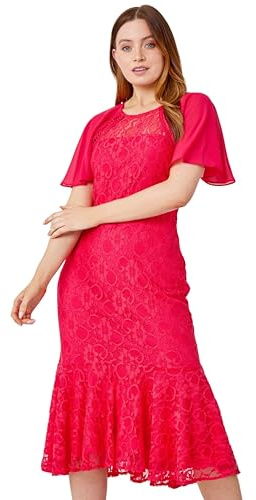 Roman Originals Angel Sleeve Stretch Lace Midi Dress for Women UK - Ladies Everyday Holiday Spring Summer Round Neckline Comfy Soft Evening Vacation Work Party - Cerise - Size 16