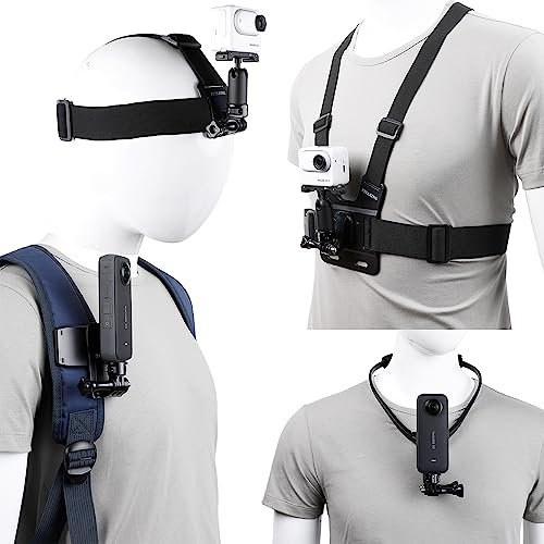 PellKing Accessories Kit for Insta360 X5 X4 ONE X3 X2 X GO 3s RS R, 4in1 Chest Strap Mount Harness/Head Mount/Neck Holder/Backpack Strap Mount for Insta 360 GoPro DJI Action Camera