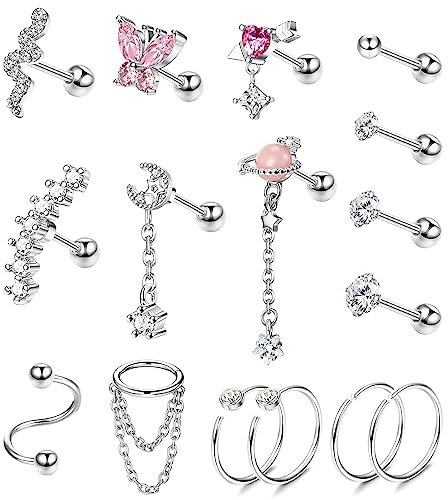 Morfetto Helix Ohrringe 16G Knorpelohrring Chirurgenstahl Helix Piercing Schmuck Muschel Tragus Creolen Knorpel Helix Piercing Schmuck für Frauen Silber