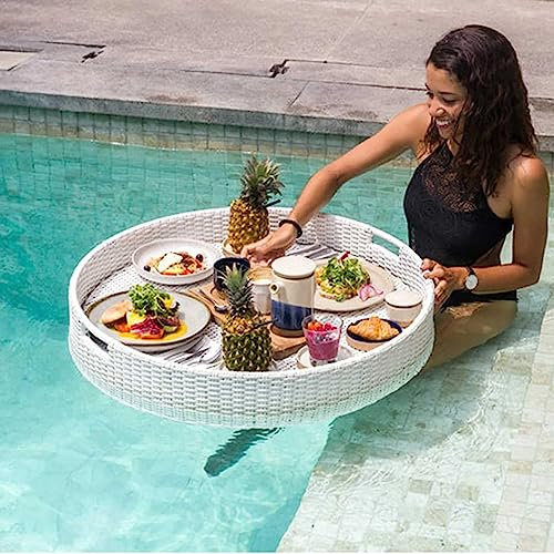 LMYYDES Schwimmende Serviertabletts, Tischbar, 60 cm/80 cm, luxuriöses schwimmendes Tablett für Pool – schwimmendes Pool-Tablett, Rattan-geflochtenes Serviertablett für Pool mit Griffen,White60cm