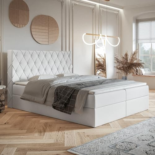 MOTIVENA Malta Boxspringbett 180x200 mit Bettkasten und Topper, Polsterbett 180x200 mit Bettkasten, Bonell-Matratze (H4), T28 Schaumstoff Topper (H3), mit Strass, Kunstleder, Weiß (Weiss)