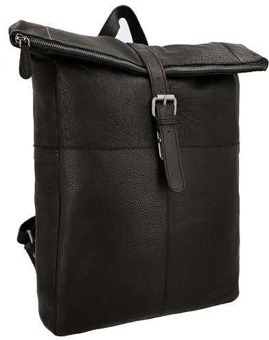 Gusti Unisex Rucksack Leder - Henning Damen und Herren Rolltop Kurierrucksack Rucksack Lederrucksack Vintage Cityrucksack Outdoorrucksack Laptoptasche Unirucksack Wanderrucksack Schwarz Leder 13L