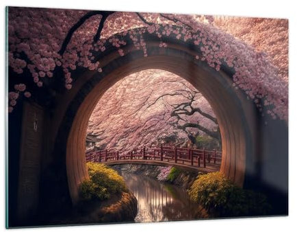 Wandbilder Dekoration Wohnzimmer Brücke Japan Japanische Kirsche Bilder auf Glas 120x80cm Glasbild Schlafzimmer Küche Deko Wand Kunstdruck Art Groß XXL Wanddeko Bild im Glas Modern GAA120x80-5735
