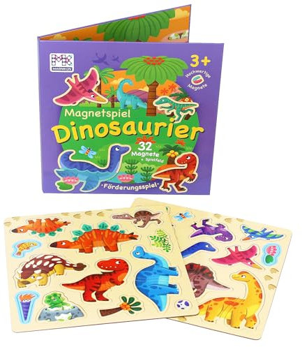 MAGNIKON Magnetspiel Dinosaurier 32 Magnete, Spielzeug für Autofahrt Kinder mit großem Spielfeld, Beschäftigung für Kinder im Flugzeug, Reisespielzeug ab 2 Jahre, Magnetbuch