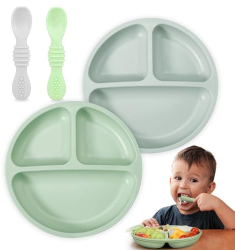 Suction Plates for Babies Weaning - 2-Pack Silicone Baby Plates with 2 Baby Spoons - Divided Plates for Toddlers and Kids Childrens - Unbreakable Baby Plates with Sections