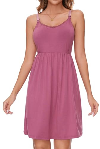Sosolism Chemise de Nuit d'allaitement Été Robe de Maternité avec Bretelles Clip et Tire-Lait avec Coussinets Rose Poudré, Moyen