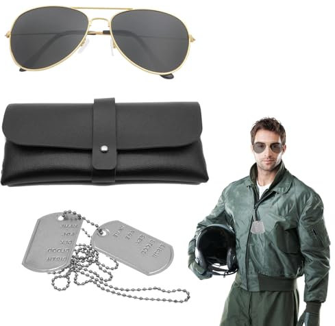 APRRMLIZW Flieger Captain Kostüm Set 3 Stück Silber Erkennungsmarke Kette Sonnenbrille Fliegerbrille Armee Stil Dog Tag Anhänger für Männer Frauen Erwachsene Cosplay Party Thema