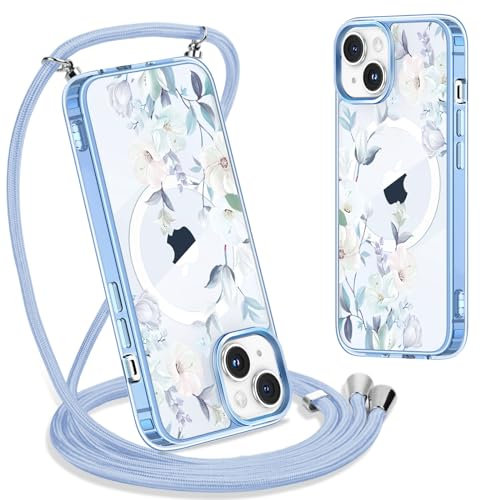 Xylota Handyhülle Handykette für iPhone 14/iPhone 13 6,1 Hülle mit Band,Transparent Magnetisch Case Kompatibel mit Magsafe, Silikon Stoßfest Schutzhülle Kordel Cover mit Aesthetic Muster Blumen3