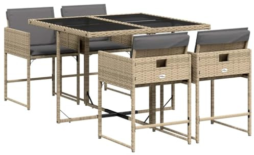 vidaXL Garten Essgruppe 5-TLG., Gartenmöbel Set Tisch mit 4 Stühle, Gartengarnitur mit Kissen, Sitzgruppe Essgarnitur Terrasse, Beigemischung Poly Rattan
