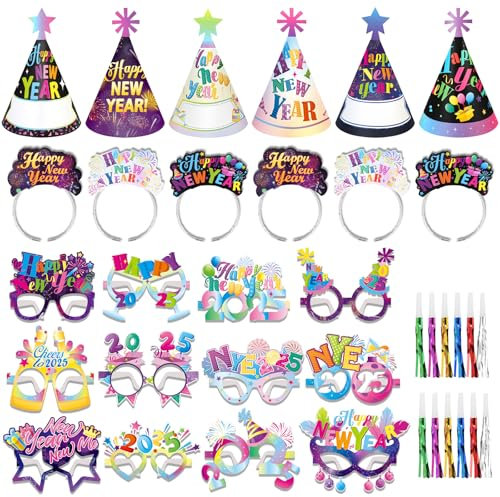 DPKOW Silvester Deko 2025 Silvesterpartyzubehör Silvesterpartyhüte Brillen Happy New Year Haarreif Silvester Accessoires 2025 Silvester Foto Requisiten Neujahrs Partyzubehör 2025 Mehrfarbige, 36 STK