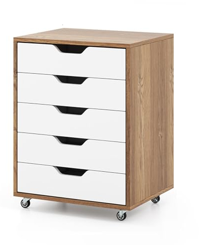 GOPLUS Rollcontainer mit Schubladen, Schubladenschrank mit Rollen, Griffmulden, mobiler Aktenschrank, Bürocontainer Rollschrank für Schlafzimmer Arbeitszimmer & Büro, 48 x 39,5 x 65,5 cm (Natur)