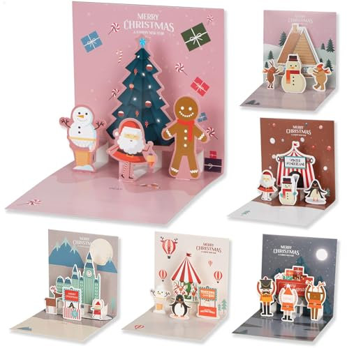 Sumairs 3D Weihnachtskarte Pop-Up Karte, 6er-Pack 2025 Weihnachten 3D Grußkarte mit Umschlag, Premium Papier Pop-Up Weihnachtsmann Lebkuchenmann Grußkarte (Pink)