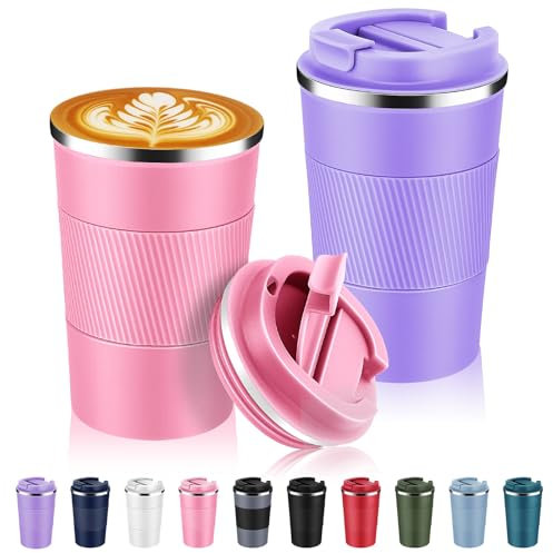 Volhoply Lot de 2 tasses à café de voyage isothermes en acier inoxydable de 390 ml avec couvercle à rabat – Tasse à café réutilisable à double paroi sous vide en métal – Gobelet thermique étanche pour