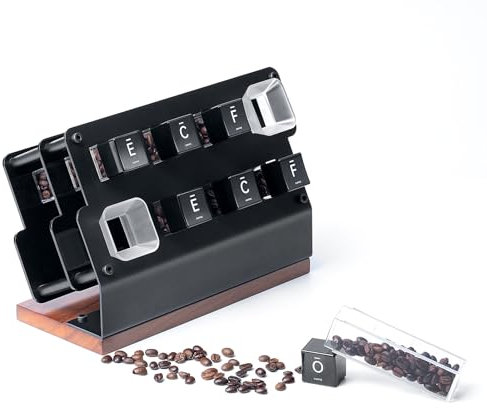 IKAPE Coffee Bean Storage Container, Metal Display Stand, Walnut Base, with 6 Ace Tubes, 2 Hopper