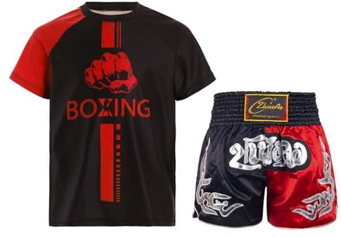Rswnyirn Ensemble T-Shirt et Short de Boxe Garçon Thaï MMA Entraînement Fitness pour Enfant 5-16 Ans Noir Rouge 11-12 Ans