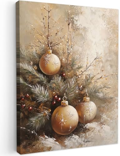 MuchoWow© Impression sur Toile Decoration Murale Peinture 50x70 cm Tableaux Art Décoratif Muraux Cadeau Noel Décoration Chambre Noël - Boules - Or