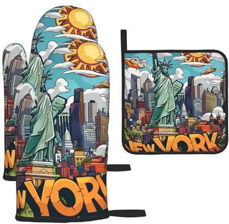 Cartoon Cute New York USA Theme Art Printed Oven Mitts and Pot Holders Set of 3 Pcs Heat Resistant Non-Slip Oven Gloves and Potholders for Kitchen Cooking Baking Grilling