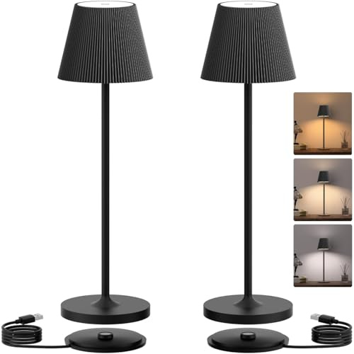 Rechargeable LED Cordless Table Lamp, Dimmable led Table Lamps 3 Colors, Touch Control Battery Operated Lamp, IP54 Portable Metal Light for Home, Dining, Camping, Party, Bar, Restaurant, Patio (2PACK)