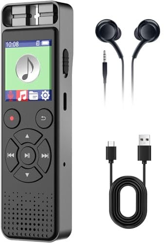 100GB Diktiergerät, Aufnahmegerät mit Wiedergabe und sprachgesteuerter Aufnahme, Voice Recorder mit Rauschunterdrückung für Vorlesungen, Besprechungen, Interviews, Unterricht (inklusive Kopfhörer)
