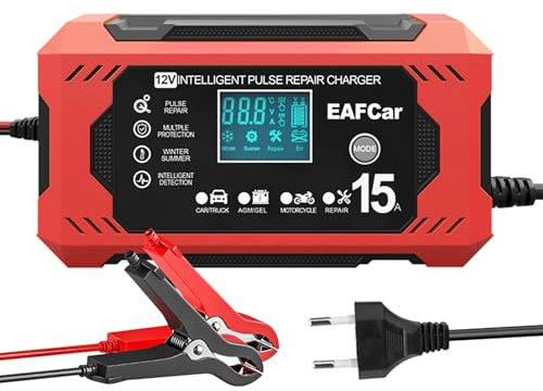 EAFCar 15A Autobatterie Ladegerät, 12V Smart vollautomatische KFZ Batterieladegerät mit Temperaturkompensation für Auto LKW Motorrad Rasenmäher Boot Marine Batterien(15A)